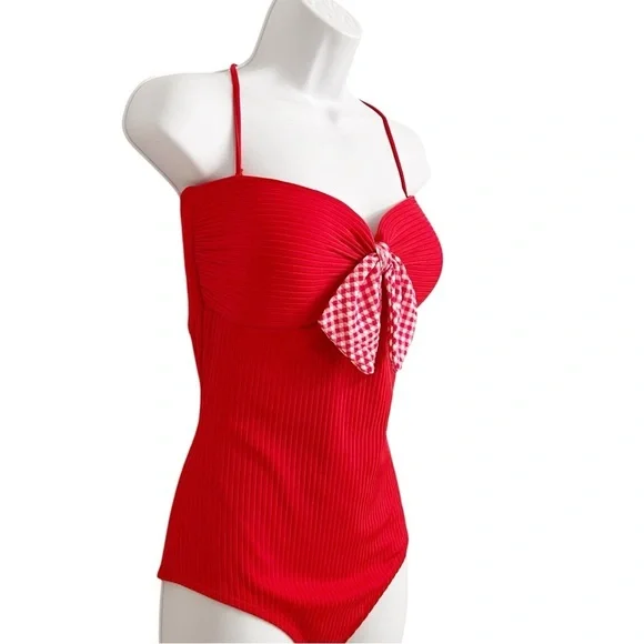Matilda Jane Poolside Party Red One-Piece Swimsuit with Checkered Bow Medium - Picture 4 of 7